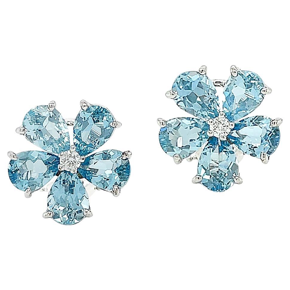 18K White Gold Small Cluster Aquamarine and Diamond Earrings