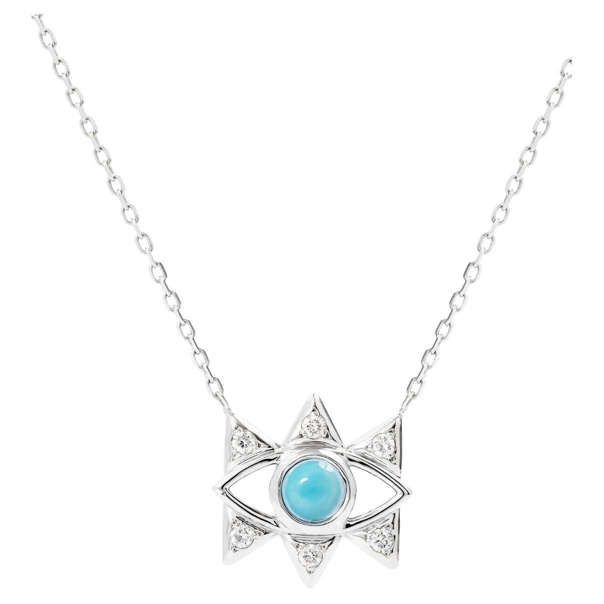 18K White Gold Turquoise Evil Eye Pendant Necklace with Diamonds For Sale