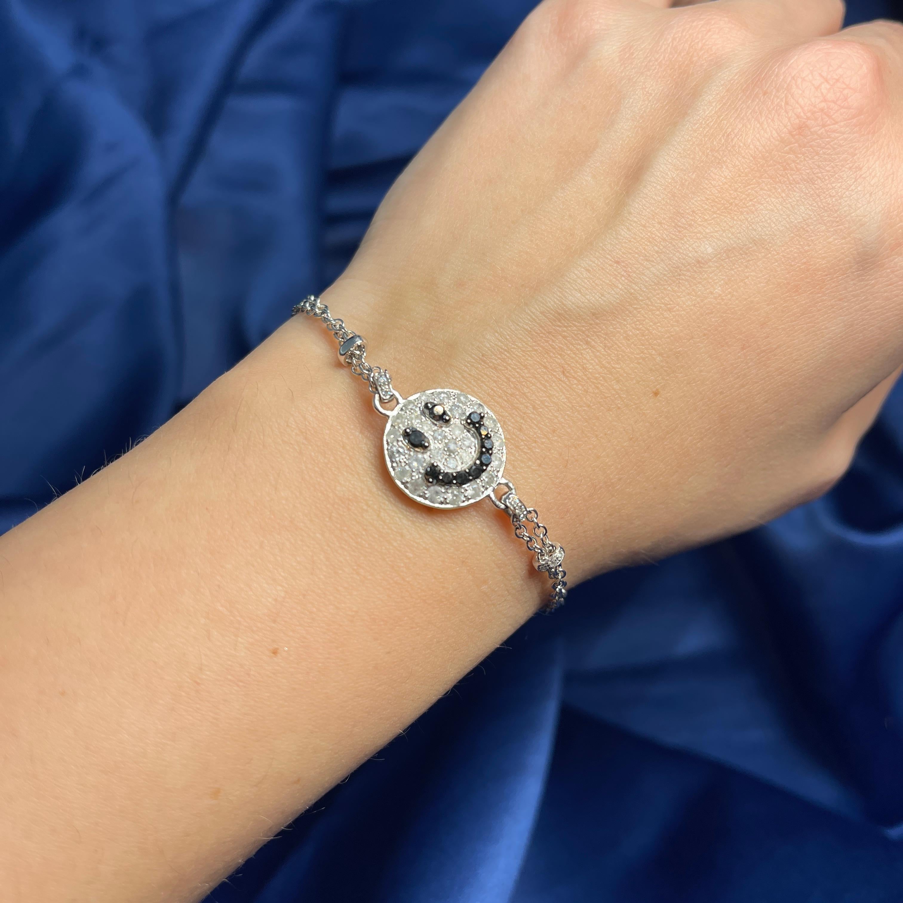 Women's or Men's 18K White Gold Smile Bracelet with Ice and Black Diamonds For Sale