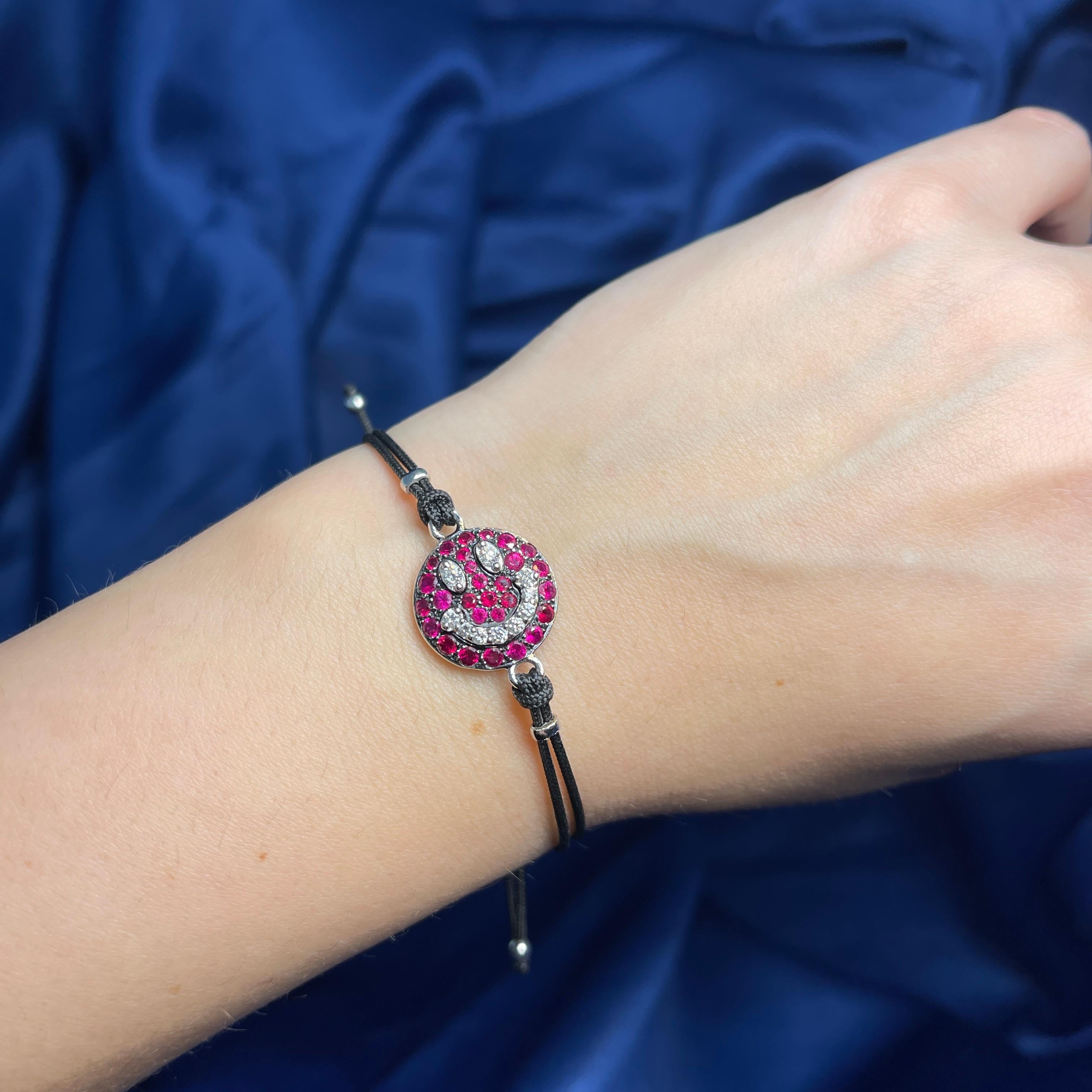Women's or Men's 18K White Gold Smile Bracelet with Rubies and Diamonds For Sale