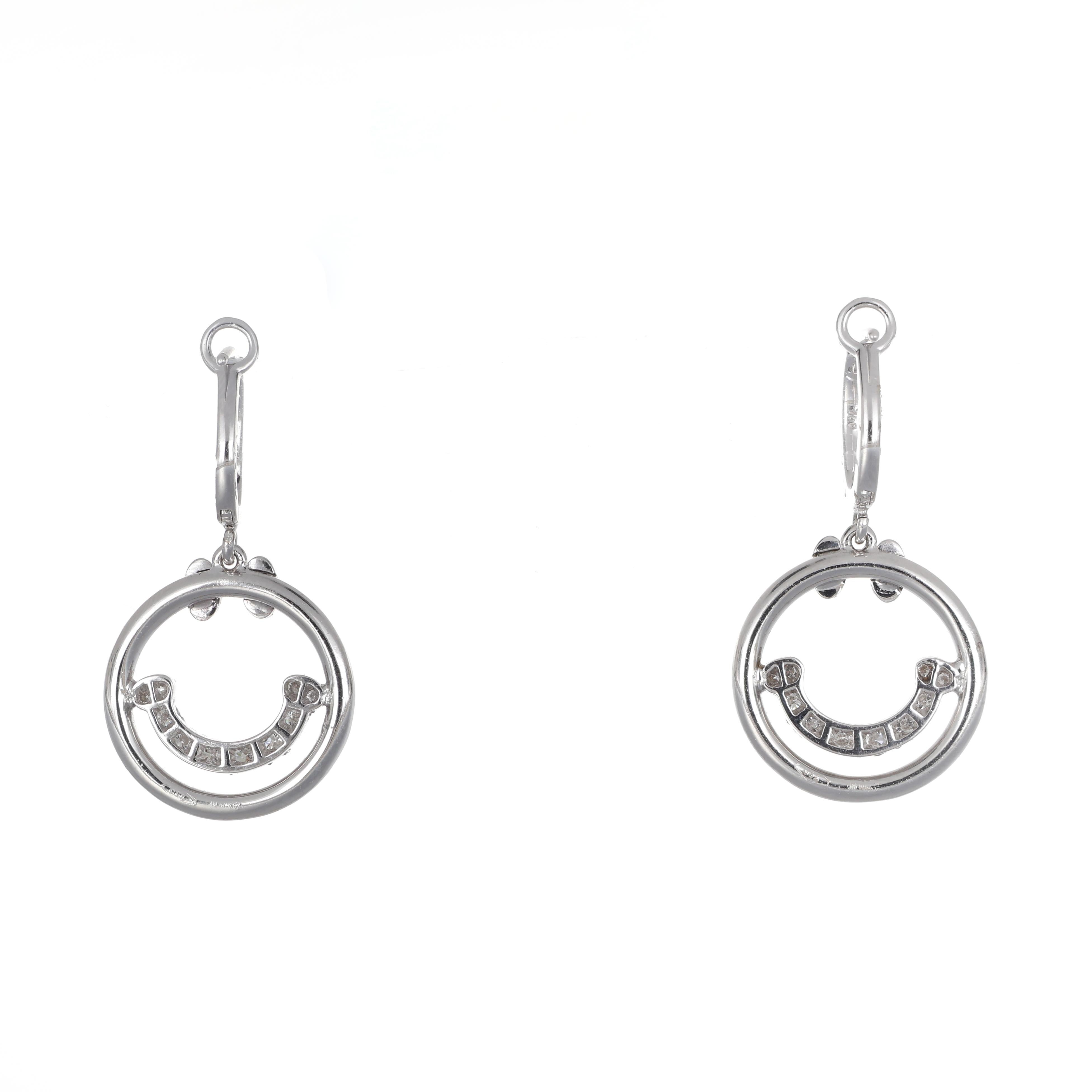 Brilliant Cut 18K White Gold Smiley Face Dangle Earrings with Black and White Diamonds For Sale