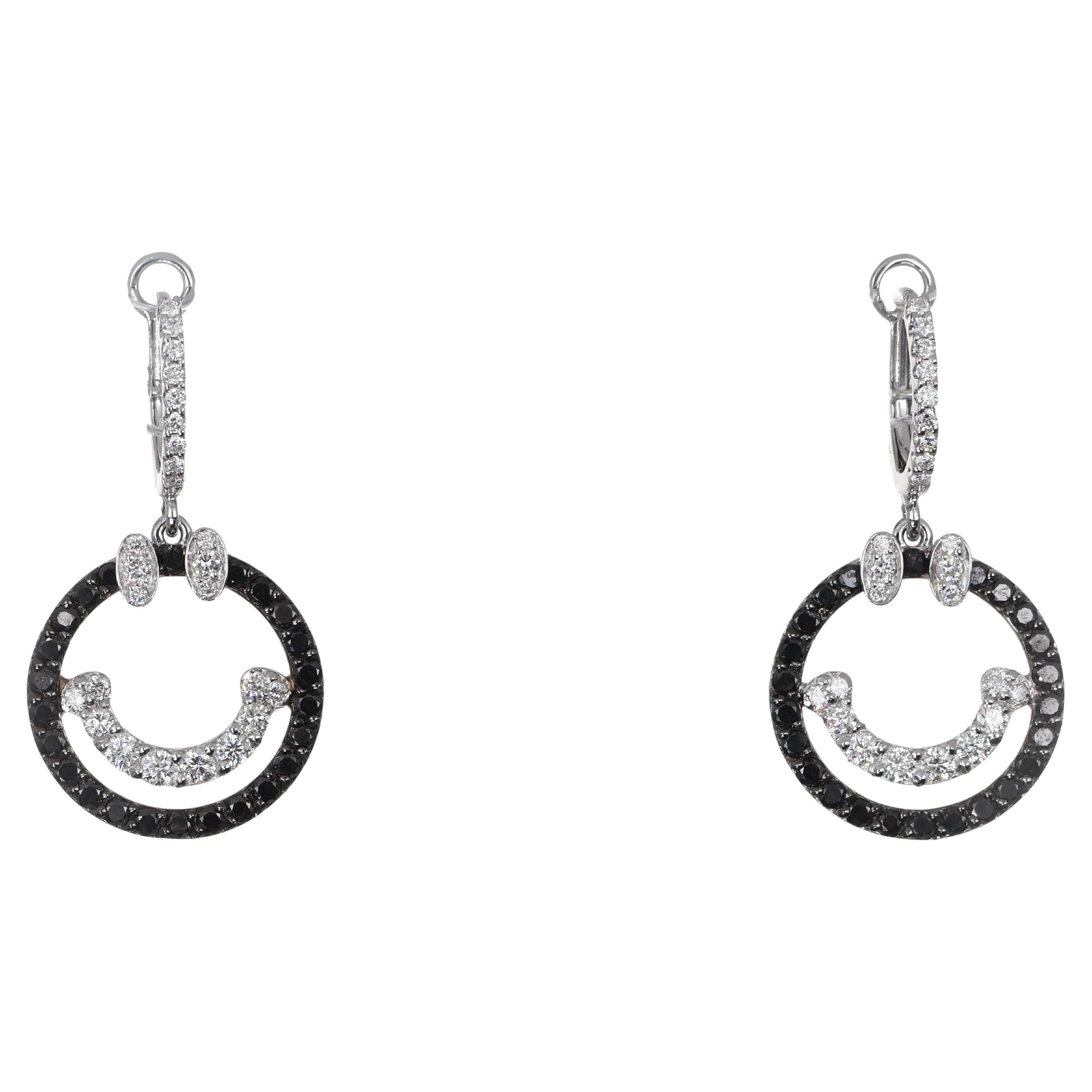 18K White Gold Smiley Face Dangle Earrings with Black and White Diamonds