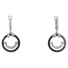 18K White Gold Smiley Face Dangle Earrings with Black and White Diamonds
