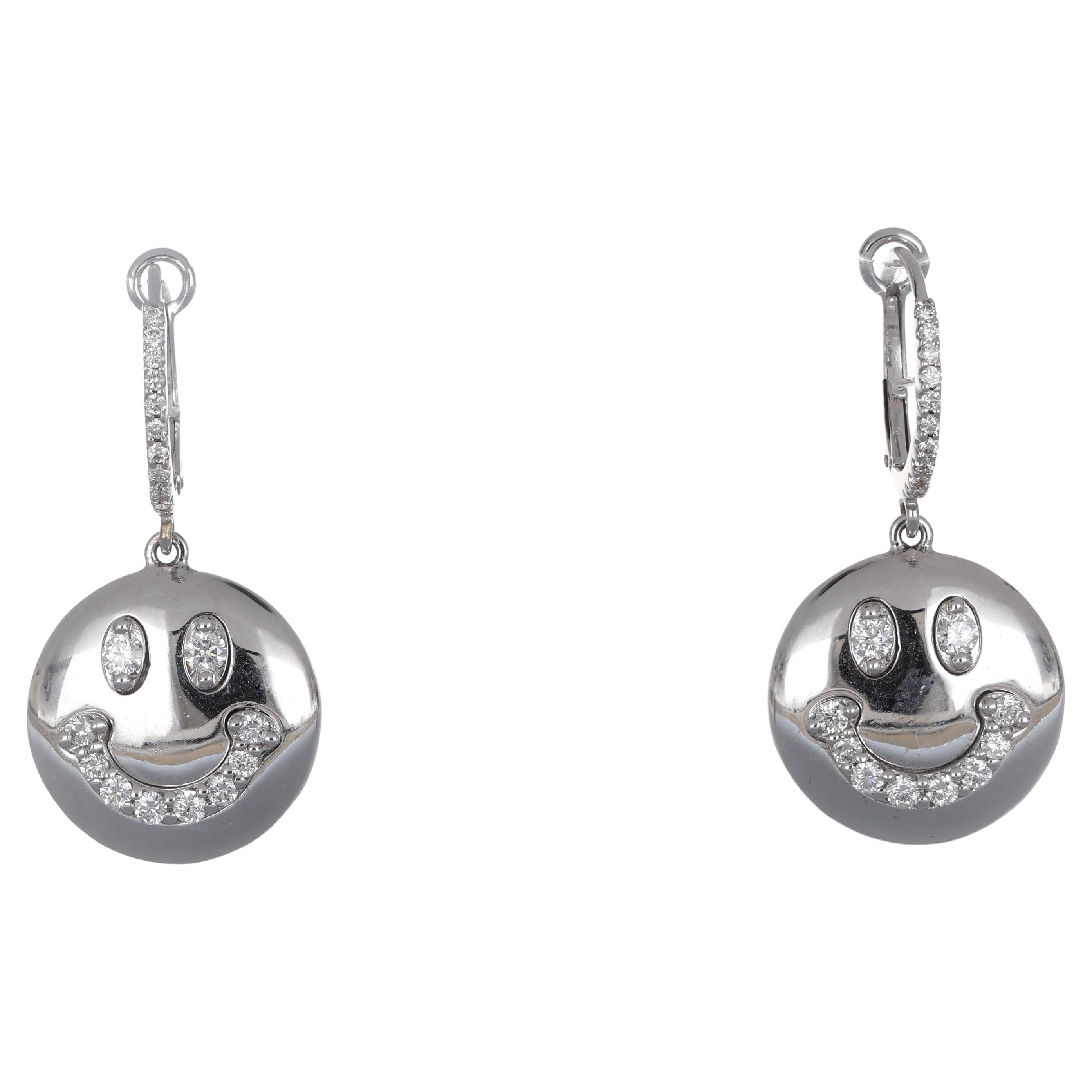 18K White Gold Smiley Face Dangle Earrings with Diamonds