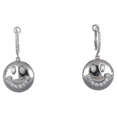 18K White Gold Smiley Face Dangle Earrings with Diamonds