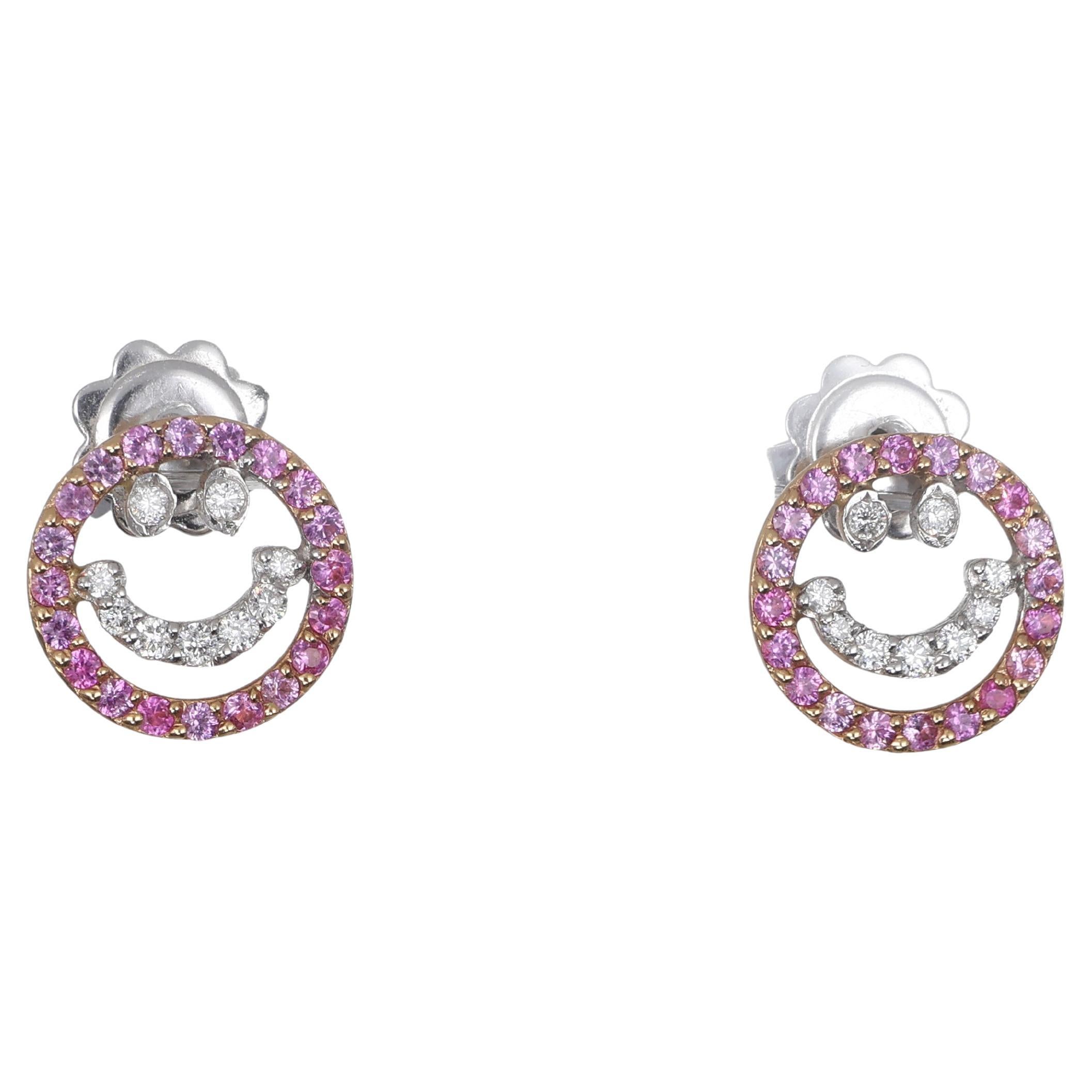18K White Gold Smiley Face Stud Earrings with Pink Sapphires and Diamonds