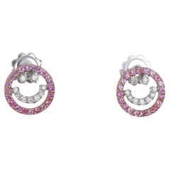 18K White Gold Smiley Face Stud Earrings with Pink Sapphires and Diamonds