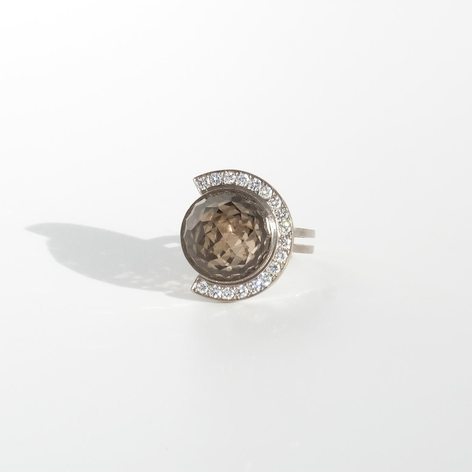 Brilliant Cut 18K White Gold, Smoky Quartz and Diamonds Ring by Swedish Master Rey Urban For Sale