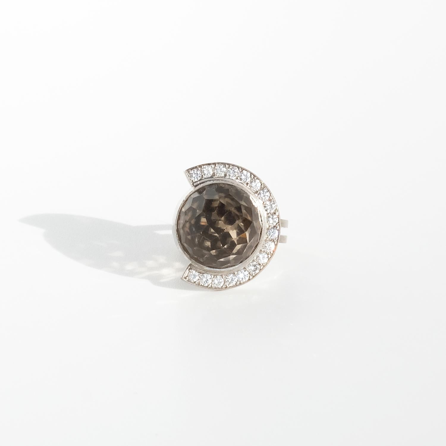 18K White Gold, Smoky Quartz and Diamonds Ring by Swedish Master Rey Urban For Sale 2