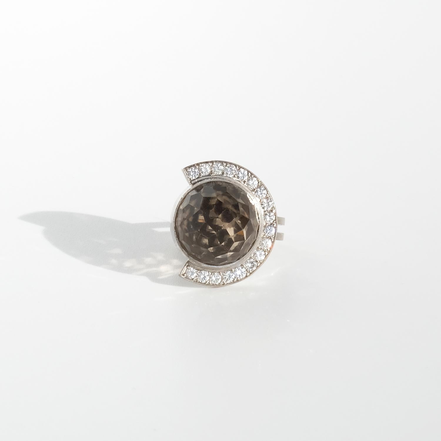 18K White Gold, Smoky Quartz and Diamonds Ring by Swedish Master Rey Urban For Sale 3