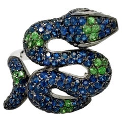 18K White Gold Snake Blue Sapphire Green Garnet & Ruby Ring