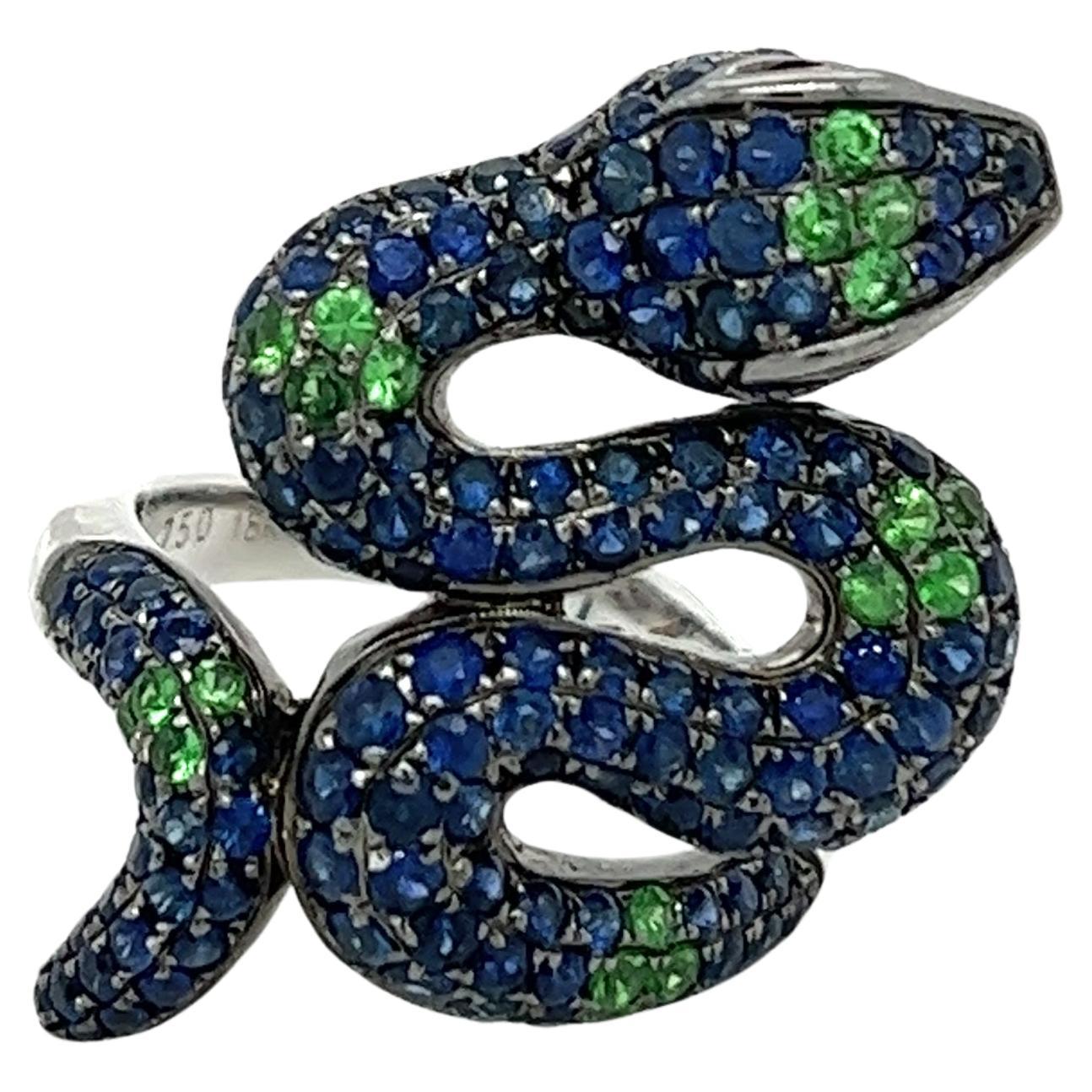 18K White Gold Snake Blue Sapphire Green Garnet & Ruby Ring For Sale
