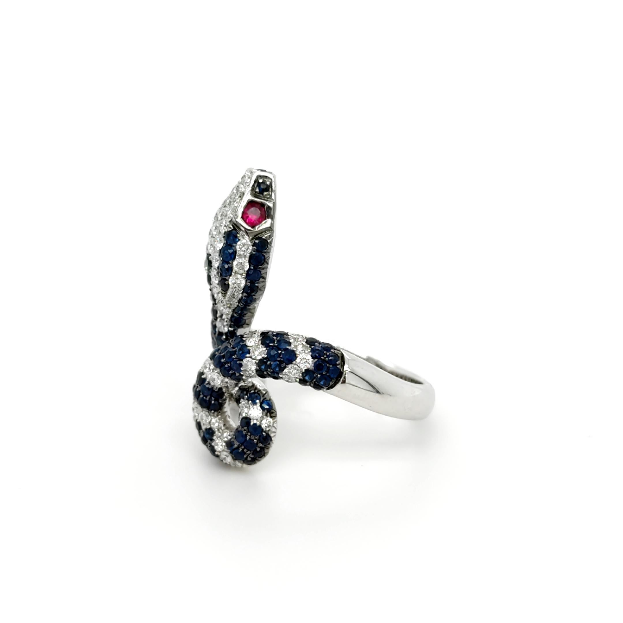 Modern 18K White Gold Snake Blue Sapphire & Ruby Diamond Ring For Sale