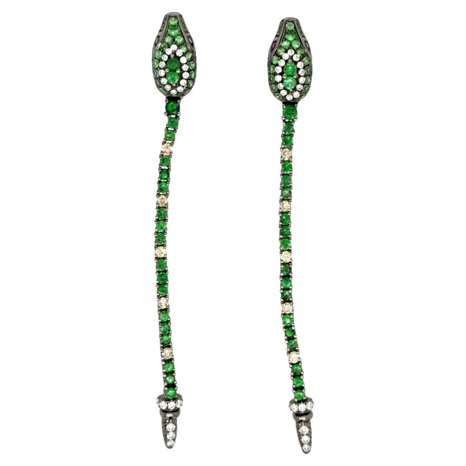 18K White Gold Snake Colored Diamonds & Green Garnet Dangle Drop Earrings