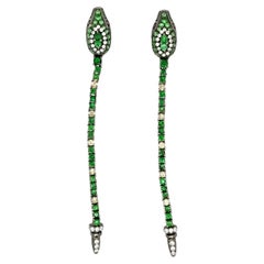 18K White Gold Snake Colored Diamonds & Green Garnet Dangle Drop Earrings