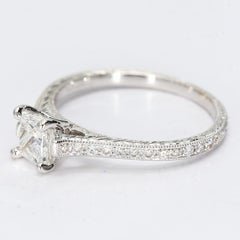 18k White Gold Solitaire Ring with a Princess Cut Center Diamond & Filigree Band