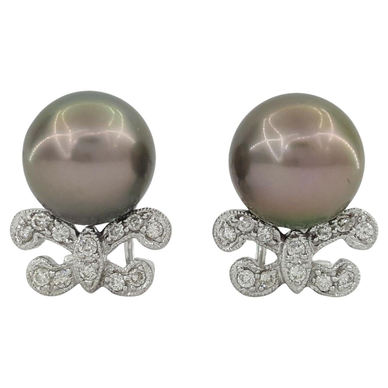 18K White Gold South Sea Black Pearl & Diamond Earrings For Sale