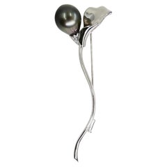 18k White Gold South Sea Black Pearl & Diamond Flower Brooch, High Luster