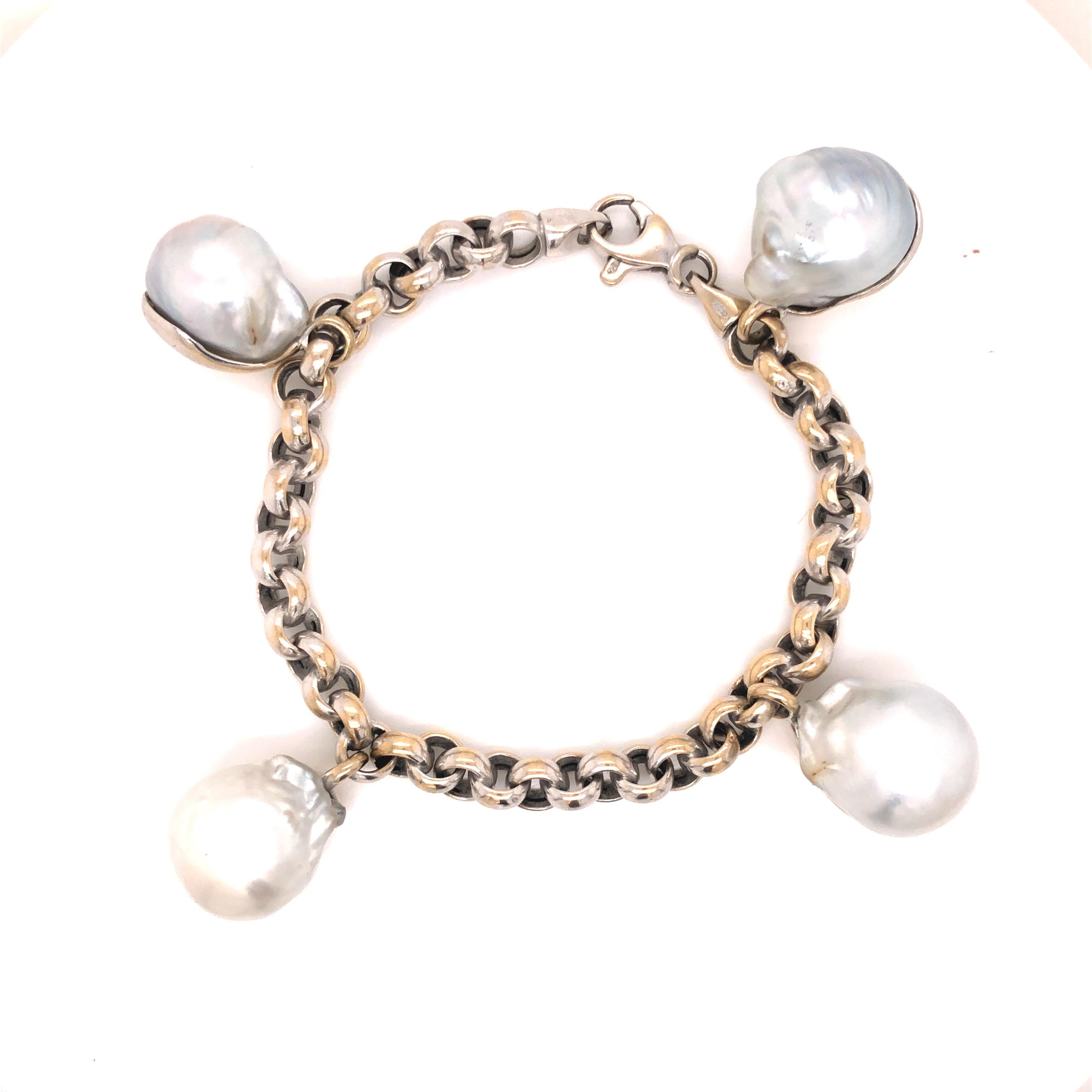 Uncut 18 Karat White Gold South Sea Cultured Pearl Link Bracelet For Sale