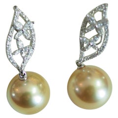 Vintage 18k White Gold South Sea Gold Pearl 
Diamond Dangle Earrings