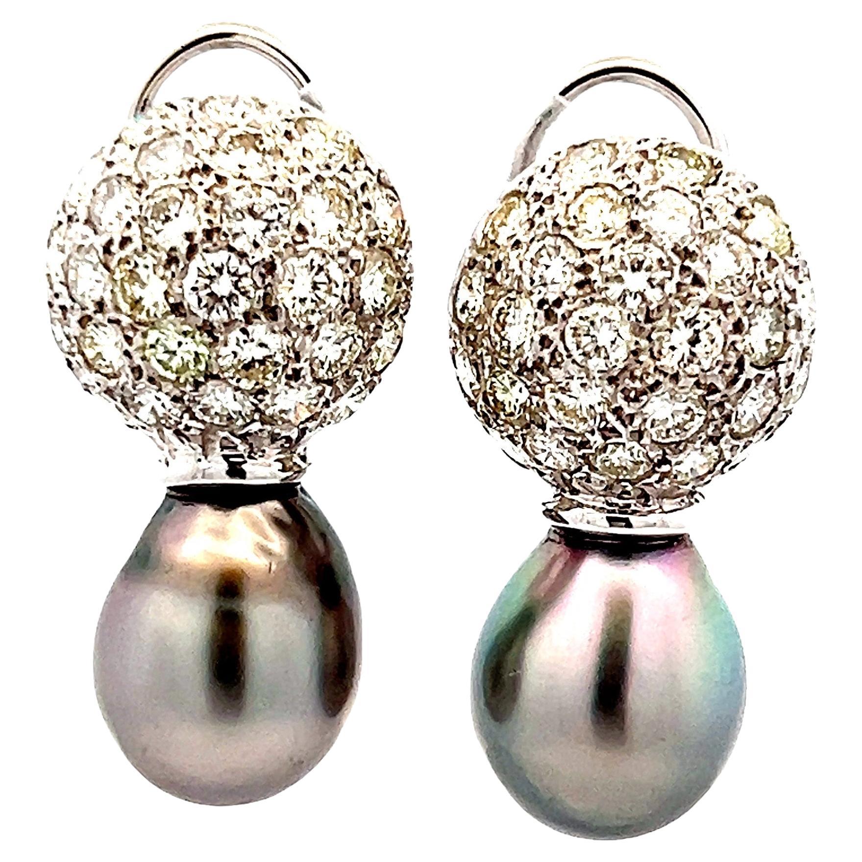 18K Weißgold Graue Südseeperle & 3 Karat Diamant Ohrringe