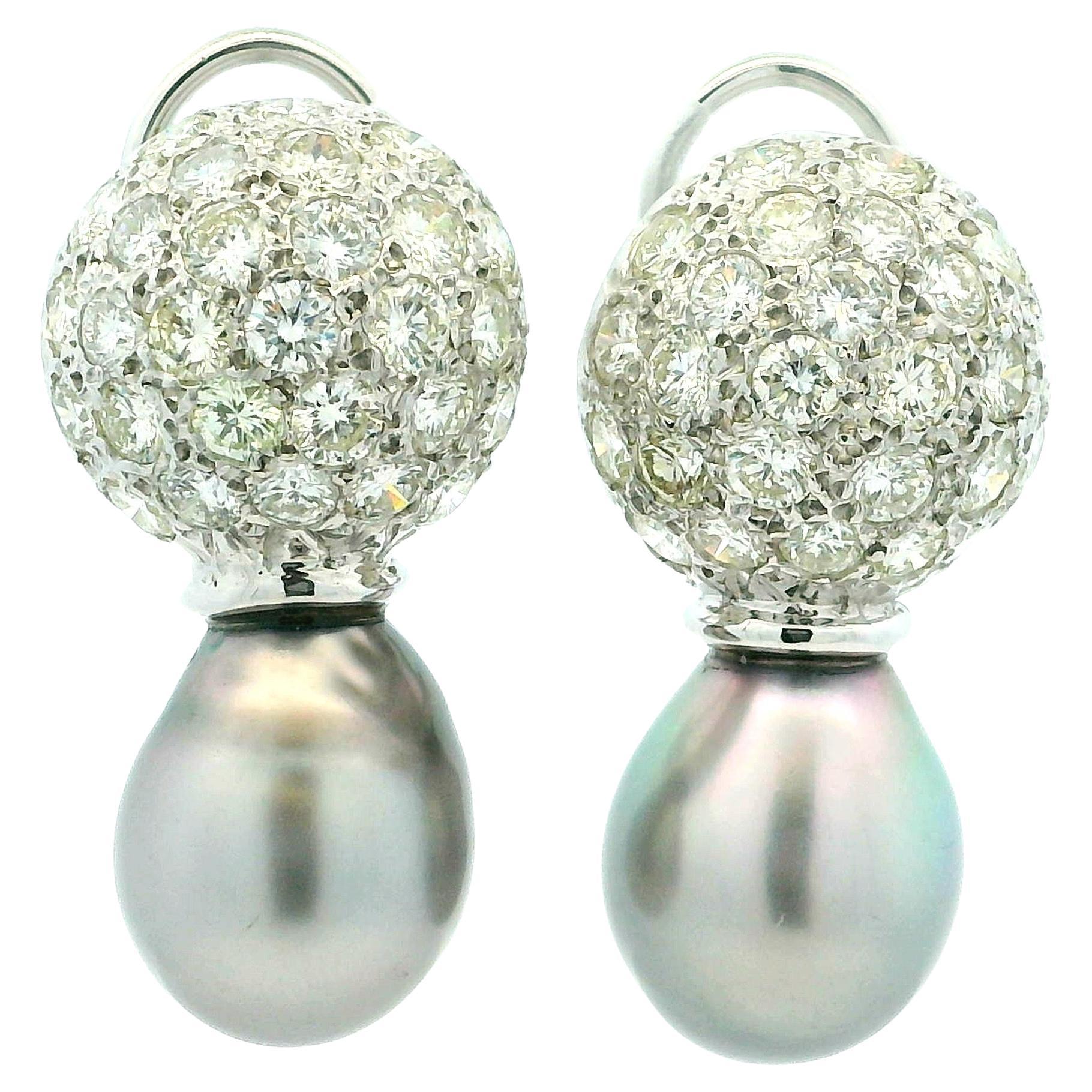 18K White Gold 7.5mm Lustrous Tahiti Pearl and 0.08ct Diamond Stud ...