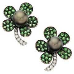 18k White Gold South Sea Pearl 2.95ct Tsavorite .45ct Diamond Flower Ear Clips
