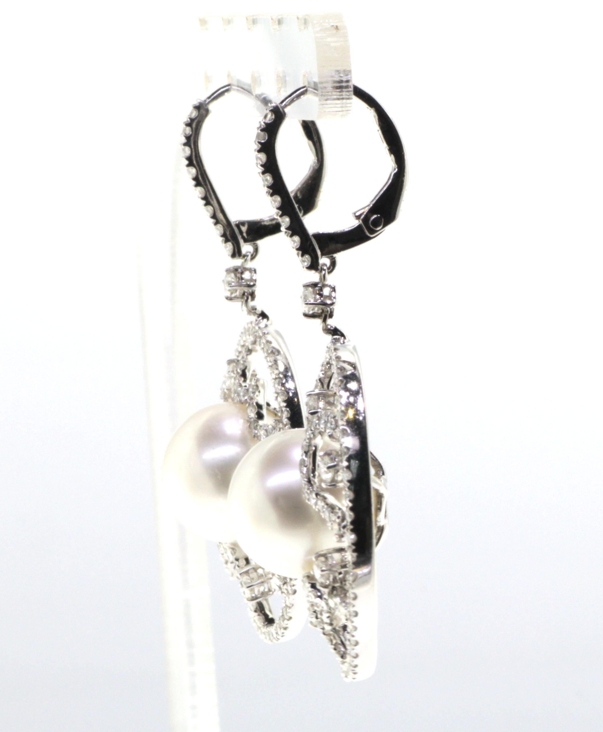 Art Deco 18K White Gold South Sea Pearl and Diamond Vintage Drop Earring For Sale