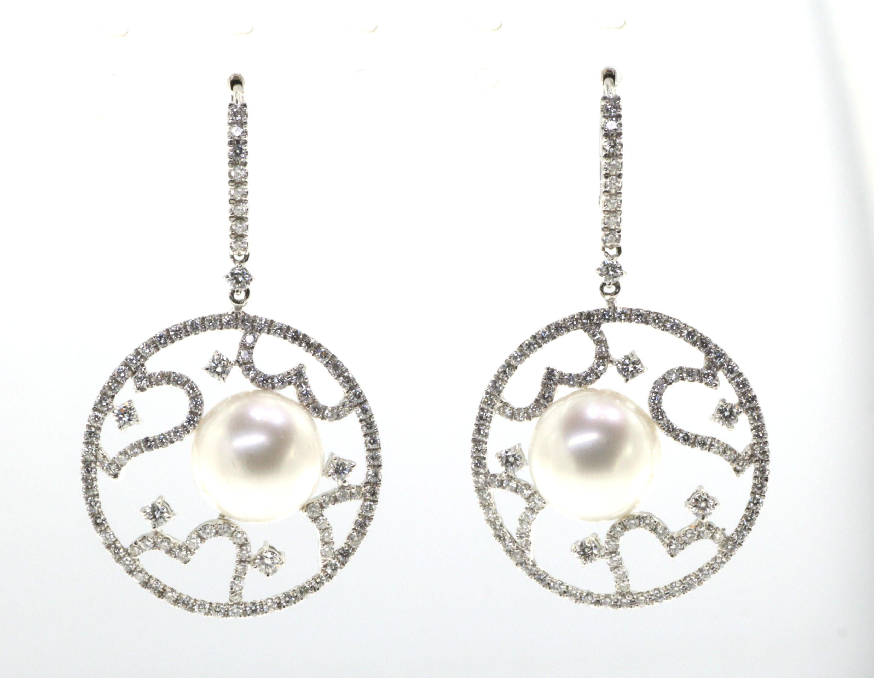 Women's 18K White Gold 11mm South Sea Pearl and Diamond Vintage Drop Earring For Sale