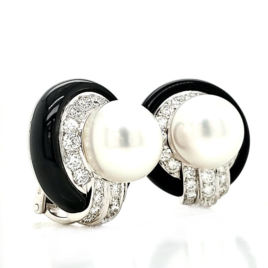 Contemporary 18k  White Gold South Sea Pearl Black Jade Diamond Earrings For Sale