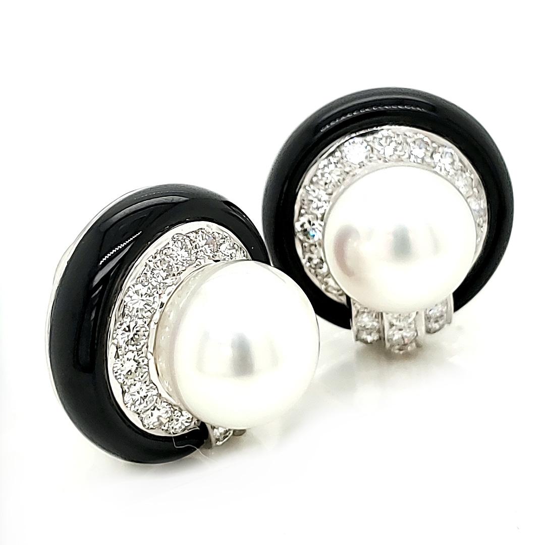 Women's or Men's 18k  White Gold South Sea Pearl Black Jade Diamond Earrings For Sale