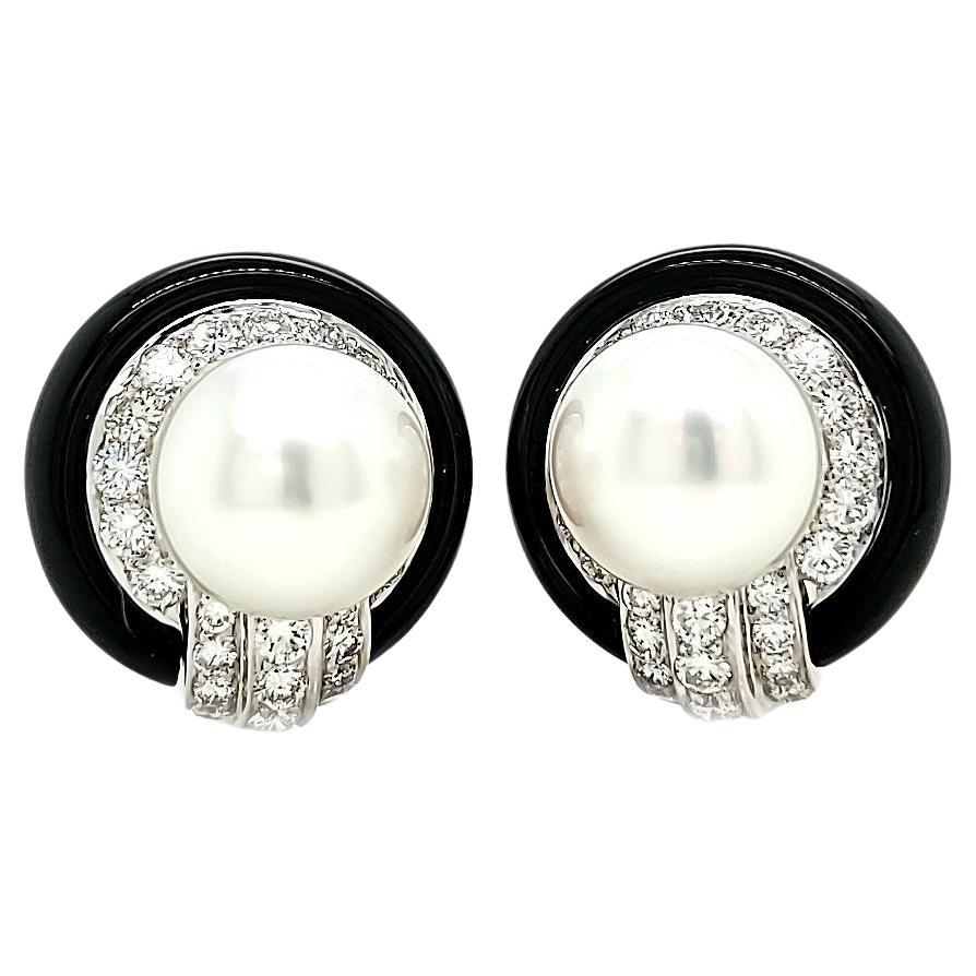 18k  Boucles d'oreilles or blanc perle des mers du sud jade noir diamant en vente