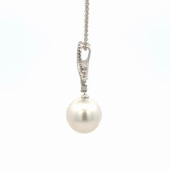 18K White Gold South Sea Pearl Diamond Pendant Necklace Italian 0.15 Cts 12mm