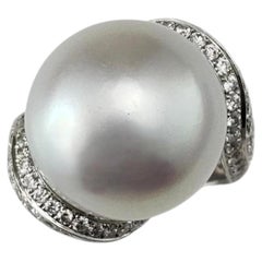 18K Weißgold Südsee Perle & Diamant Ring Größe 7 #24324