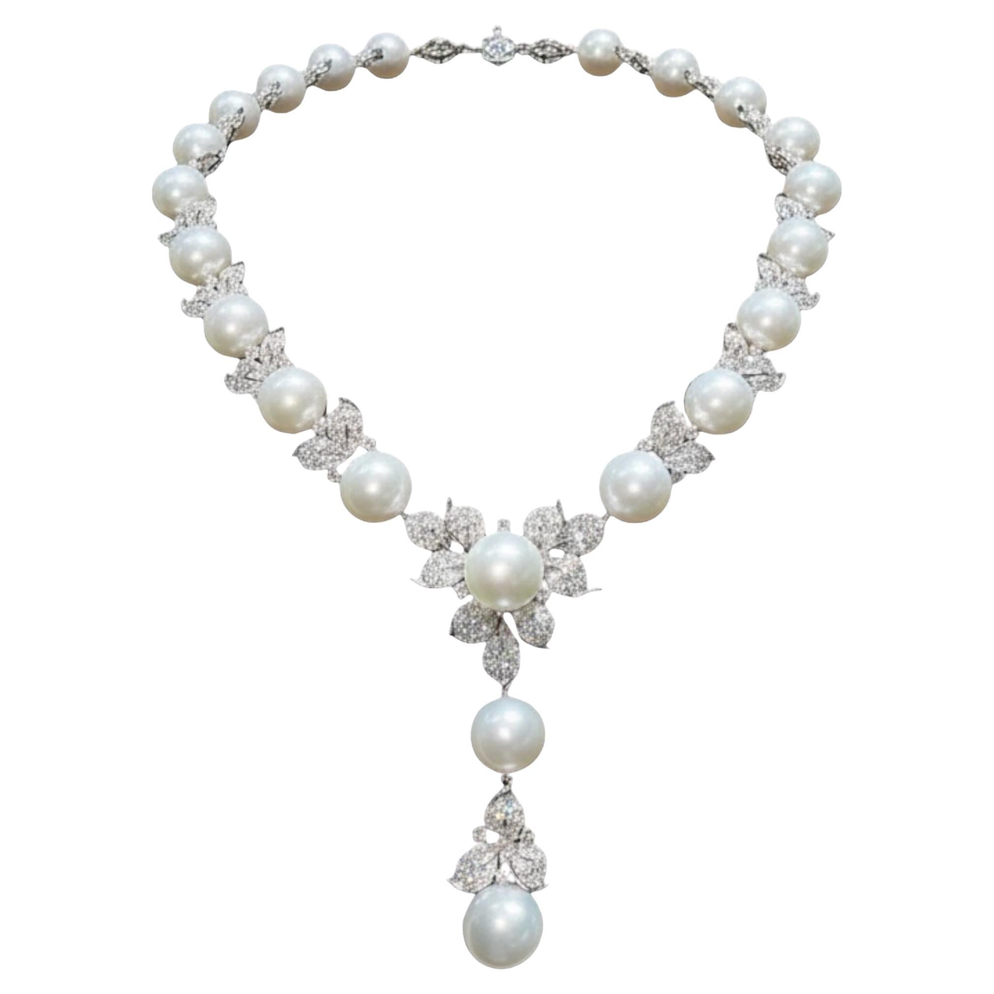 18K White Gold South Sea Pearl 
Diamond Statement Necklace 14.00ct High Jewelry