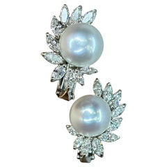 18k White Gold South Sea Pearl & Marquise Cut Natural Diamond Earrings