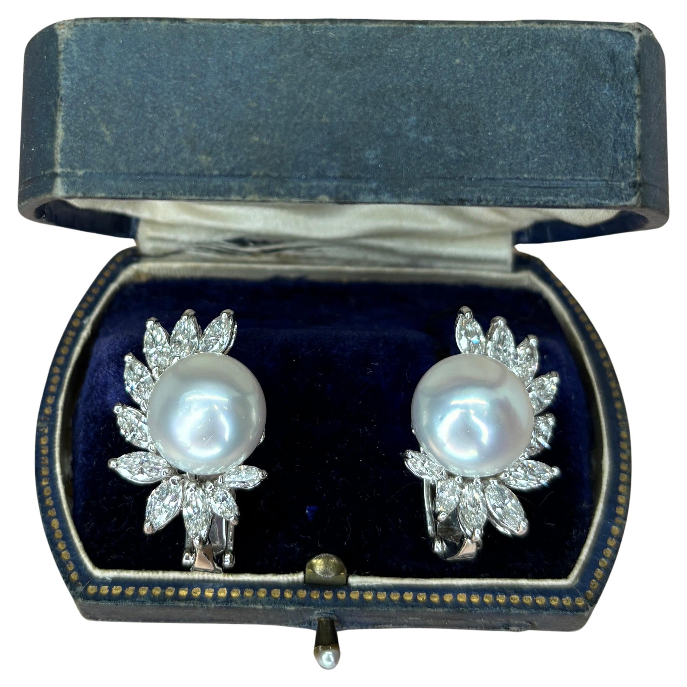18k White Gold South Sea Pearl & Marquise Cut Natural Diamond Earrings