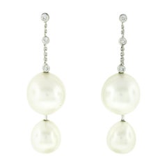 18k White Gold South Sea Pearl 
Round Bezel Diamond Double Drop Dangle Earrings