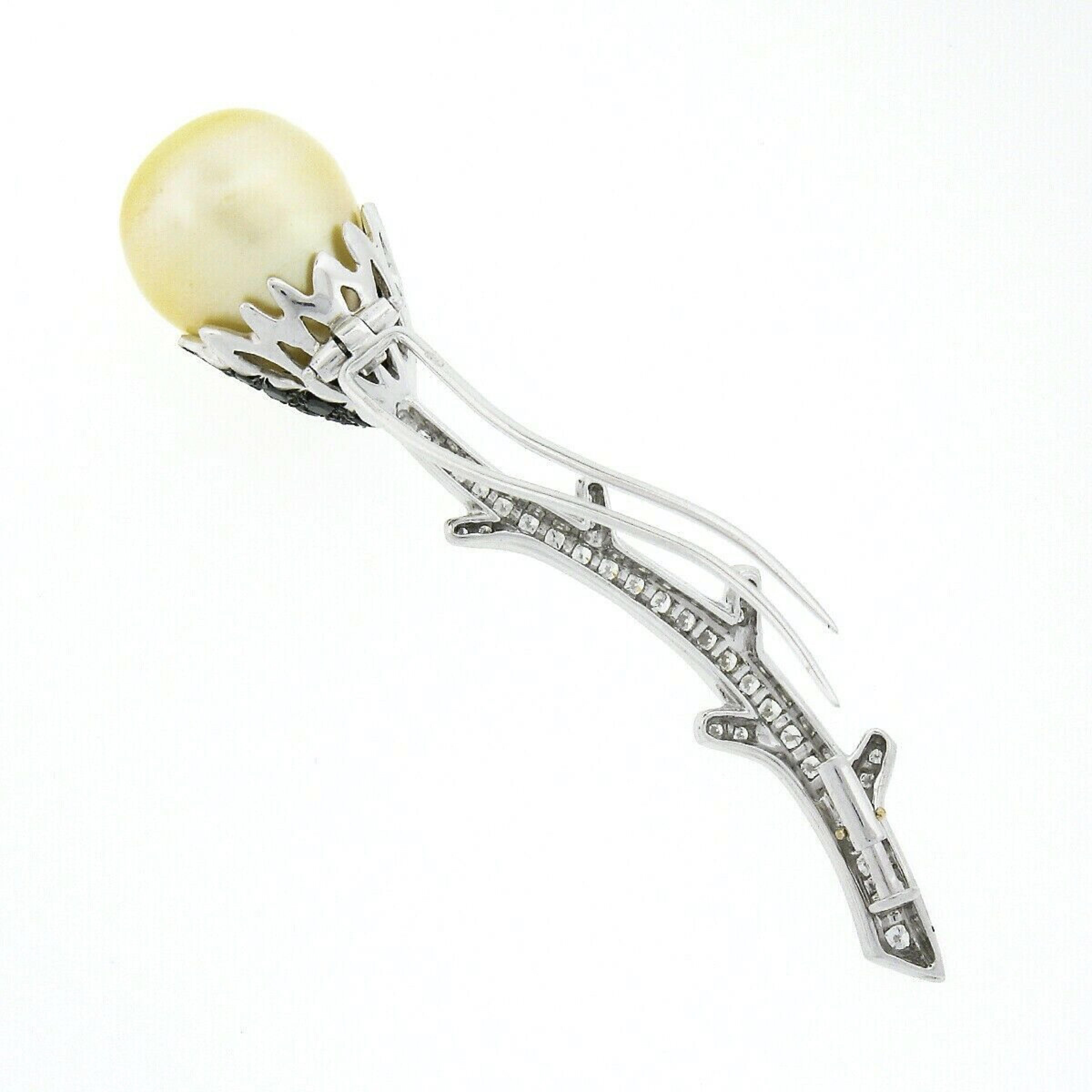 Round Cut 18k White Gold South Sea Pearl w/ 2.48ct White & Black Diamond Flower Brooch Pin For Sale