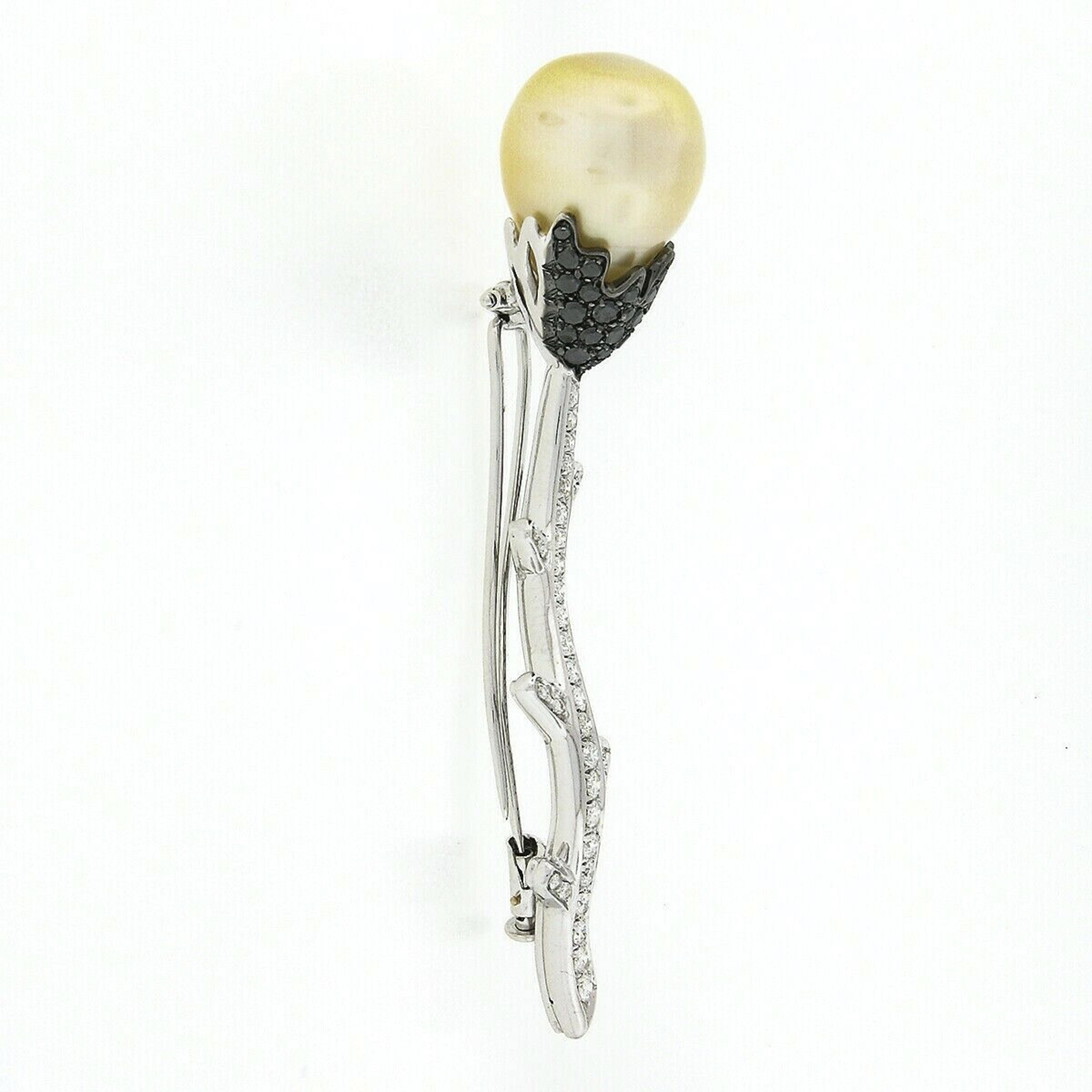 Women's or Men's 18k White Gold South Sea Pearl w/ 2.48ct White & Black Diamond Flower Brooch Pin For Sale