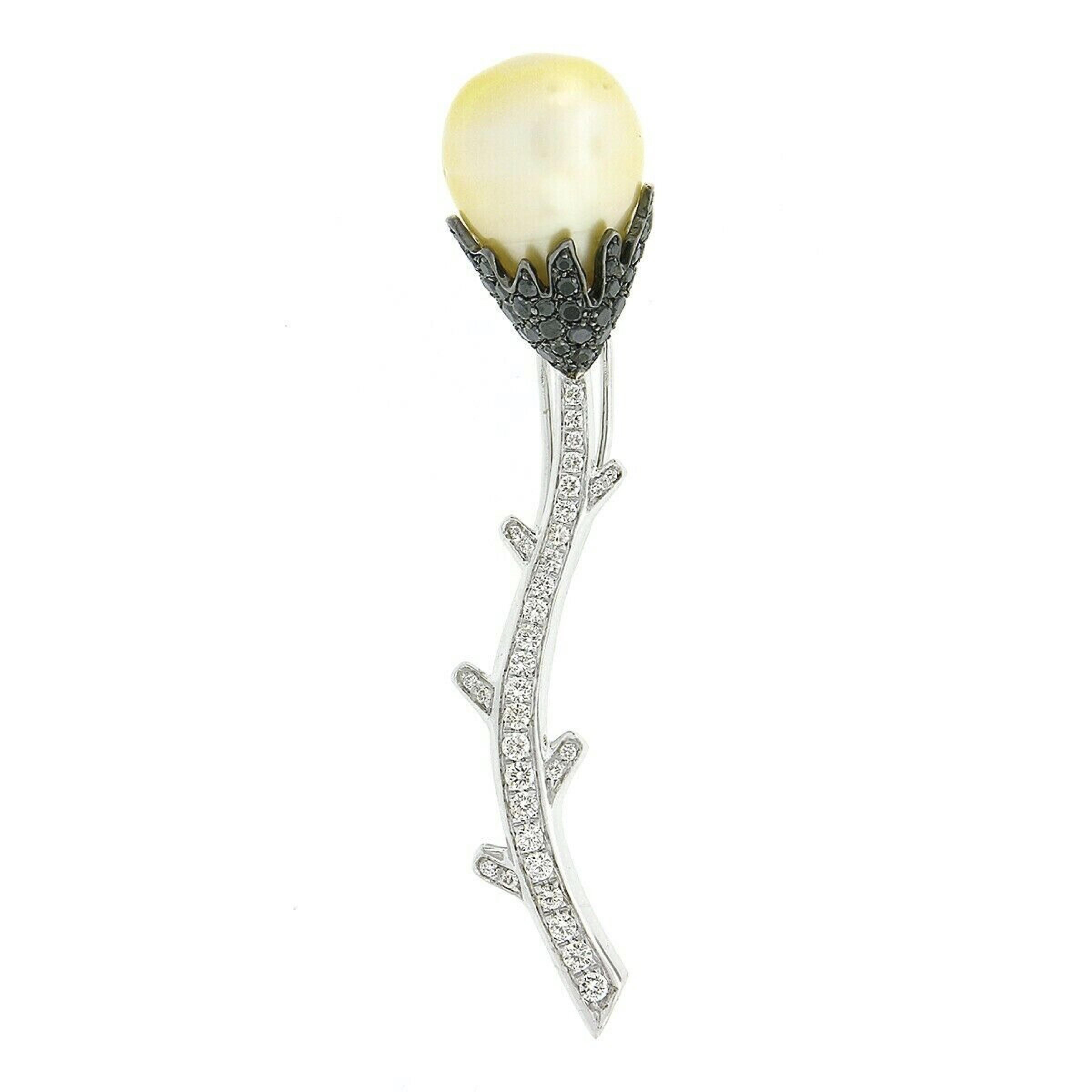 18k White Gold South Sea Pearl w/ 2.48ct White & Black Diamond Flower Brooch Pin For Sale 1