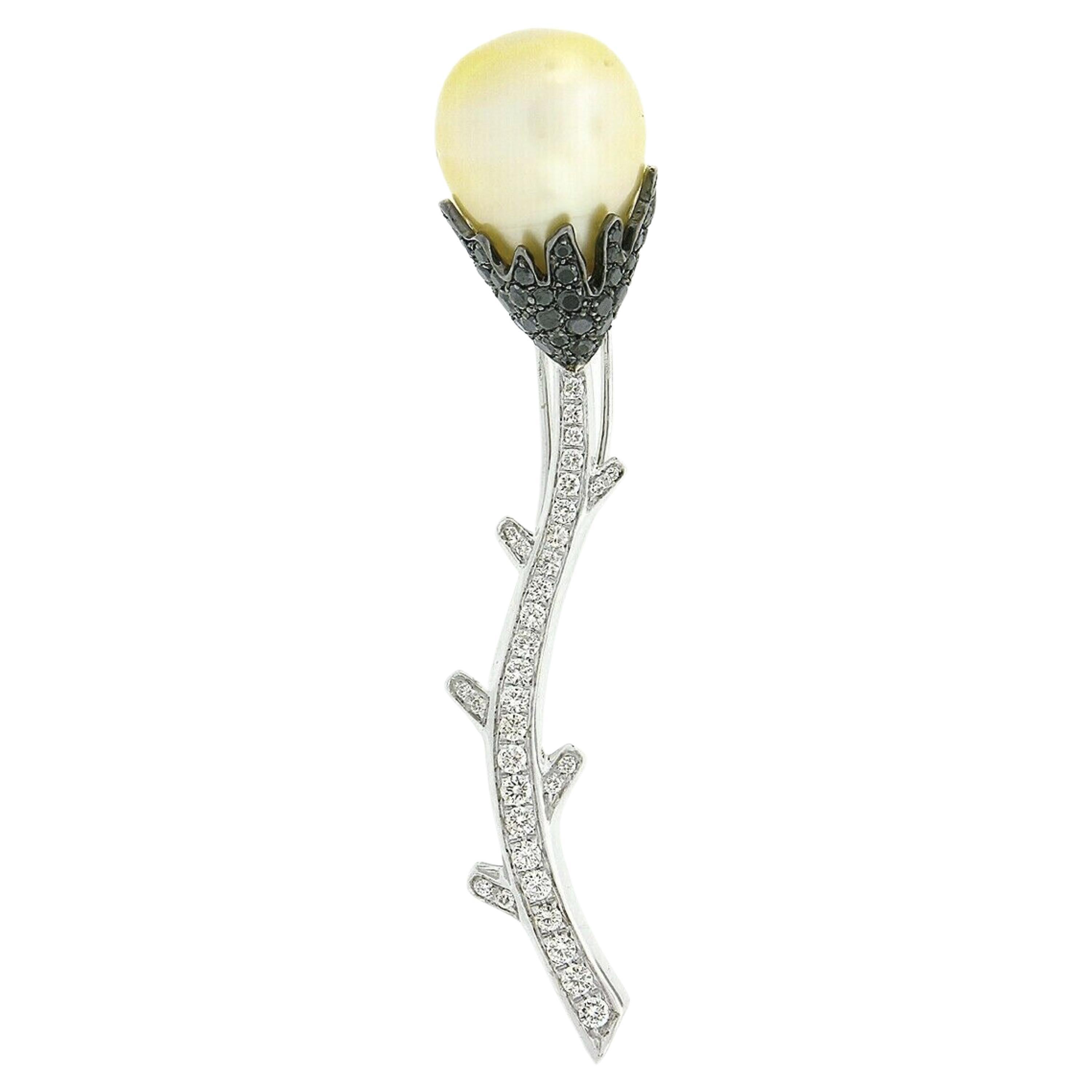 18k White Gold South Sea Pearl w/ 2.48ct White & Black Diamond Flower Brooch Pin For Sale