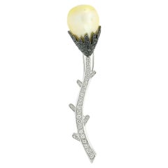 18k White Gold South Sea Pearl w/ 2.48ct White & Black Diamond Flower Brooch Pin