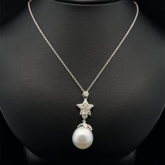 18k White Gold South Sea Pearl w/ Diamond Double Star Dangle Pendant Necklace