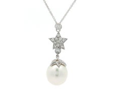 18k White Gold South Sea Pearl w/ Diamond Double Star Dangle Pendant Necklace