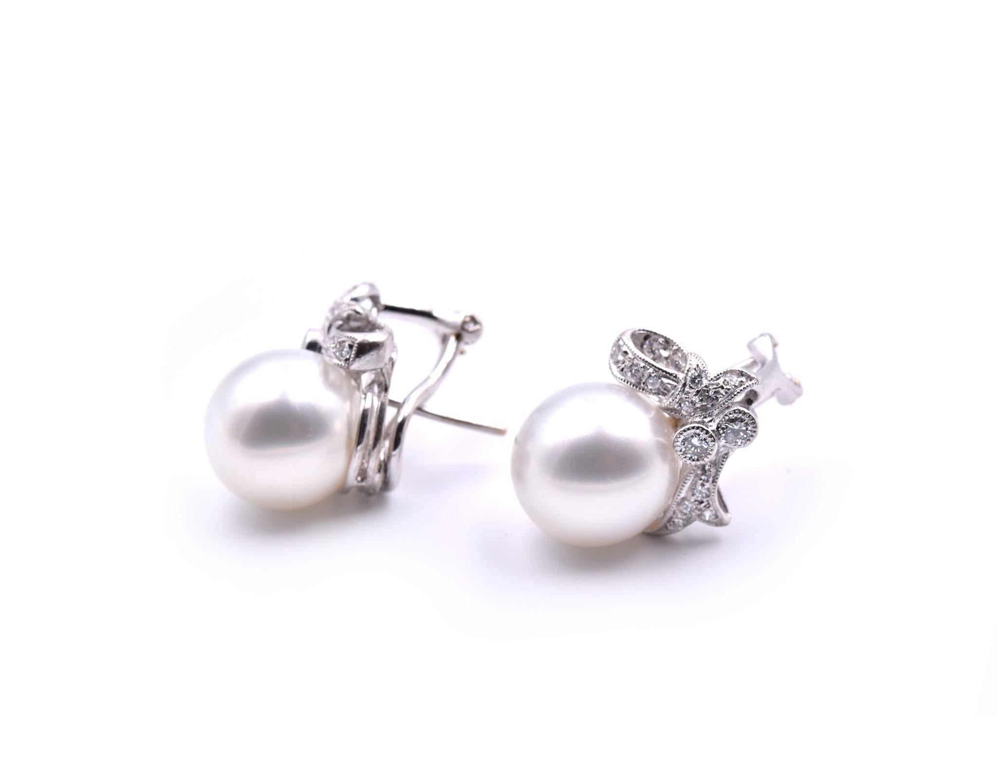 Round Cut 18 Karat White Gold South Sea Pearls and Diamond Earrings