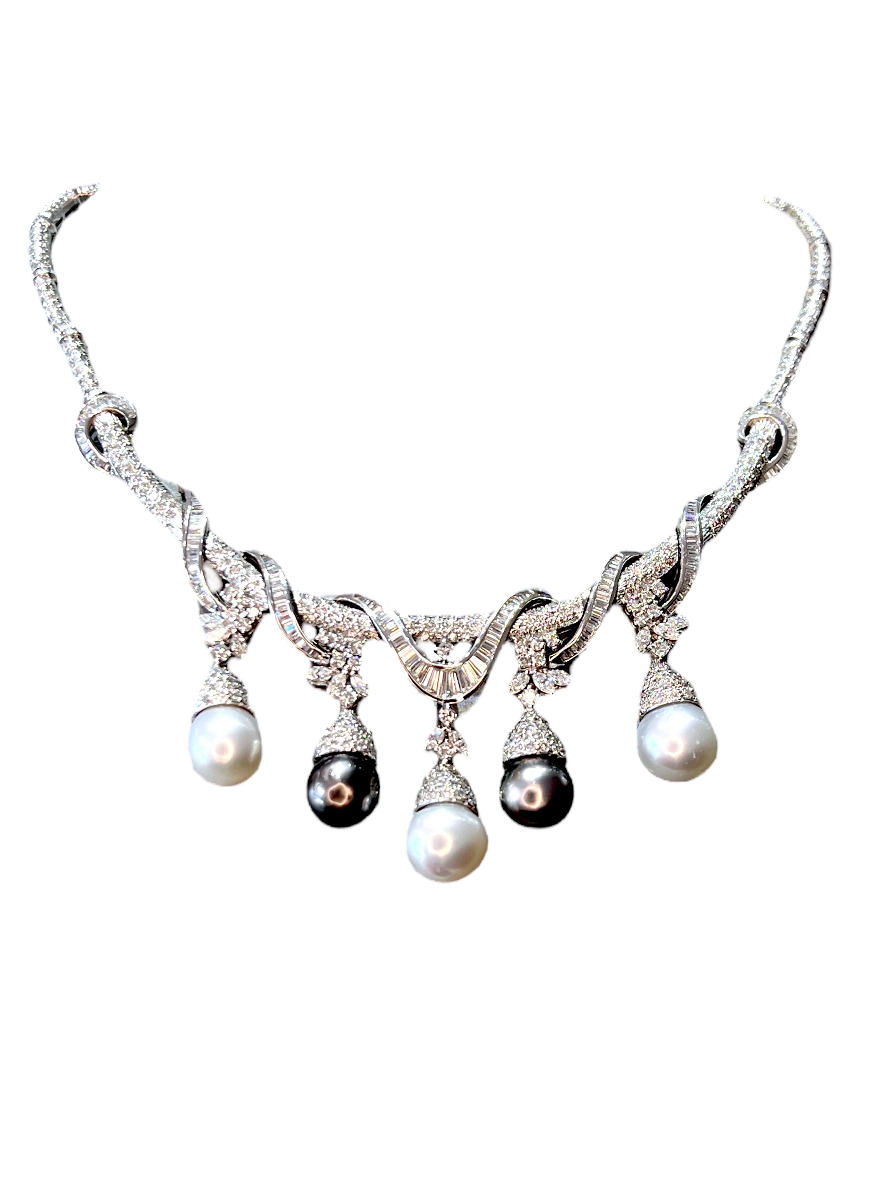 Donna Collana a nastro con diamanti e perle di Tahiti in oro bianco 18K 18,00 carati in vendita