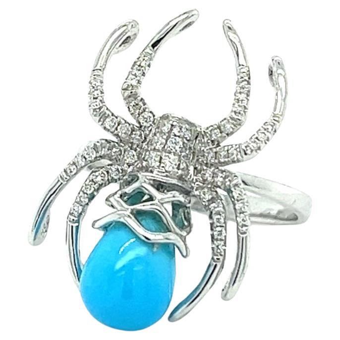 18K White Gold Spider Ring with Diamonds & Turquoise For Sale