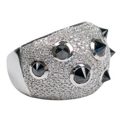 18k White Gold Spike Black & White Round Upside Down Diamond Cocktail Bombé Ring