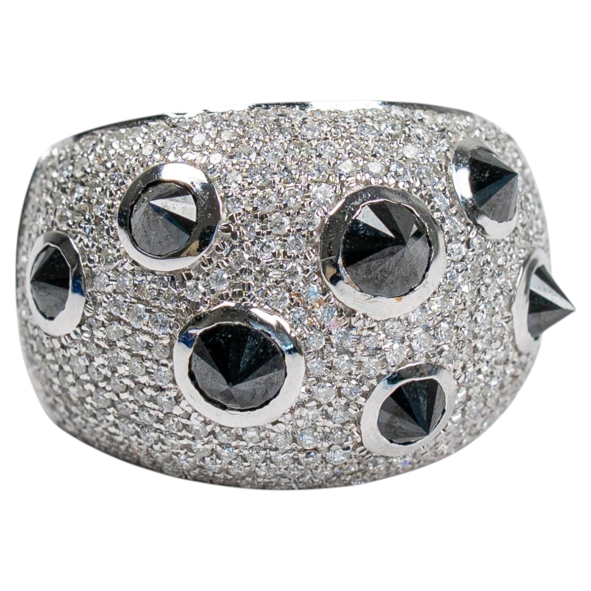 18k White Gold Spike Black & White Round Upside Down Diamond Cocktail Bombé Ring